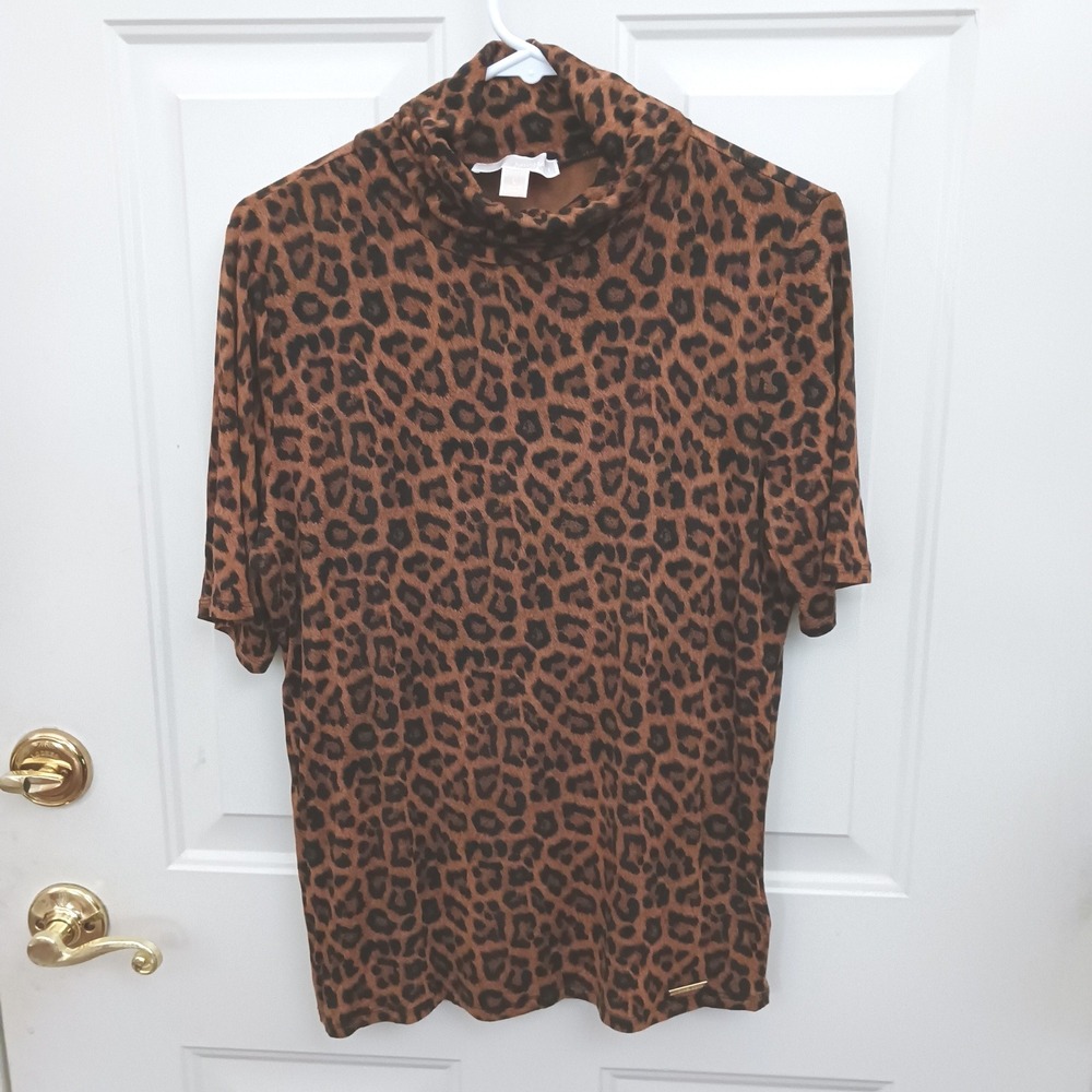 Michael Kors Leopard Print Mock Neck Short Sleeve Top Brown Animal Large